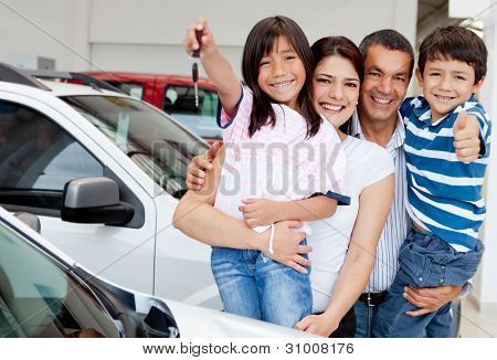 Picture or Photo of Family holding keys to their new car at the dealer