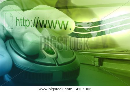 Picture or Photo of A business man is using the internet and is about to push on the mouse. A glow wave is coming out of his finger.