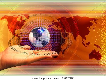 Picture or Photo of Abstract composition with binary data leaks human hand and earth globe