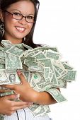 stock photo of money  - Smiling asian woman holding money - JPG 