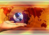 foto of globe  - abstract composition with binary data leaks human hand and earth globe - JPG 