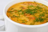 stock photo of restaurant  - closeup of chicken soup served in a bowl - JPG 