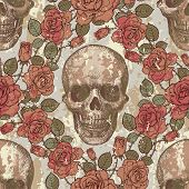 foto of skull  - Seamless ornament in a retro style with skulls and roses - JPG 