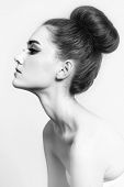 picture of beauty  - Black and white shot of young beautiful girl with hair bun - JPG 