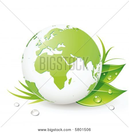 Picture or Photo of Vector illustration of Green Earth planet (showing Europe and Africa) with leaves and water drops