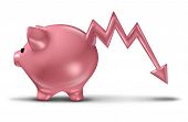 picture of investment  - Savings loss and losing money with a ceramic piggy bank with the tail in the shape of a business stock market graph arrow that is going down as a financial concept of investment risk on a white background - JPG 