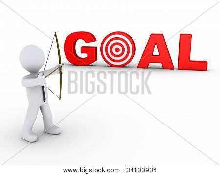 Picture or Photo of 3d businessman as an archer is aiming at a red goal target