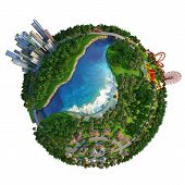 pic of time  - Globe showing three different activities of modern lifestyle home at suburbs down town to work and amusment park for leisure time - JPG 
