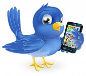 picture of illustration  - Illustration of a cute happy bluebird holding a mobile cell phone - JPG 