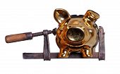 image of pressure  - piggy bank under pressure in old clamp on white - JPG 