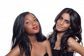 stock photo of black  - beautiful African American and Indian teenage girls with long black hair isolated on studio white background - JPG 