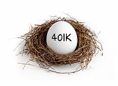 image of future  - A white egg in a nest on a white background with the word 401K on the egg - JPG 