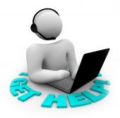 stock photo of support  - A customer support person with headset and laptop surrounded by the words Get Help - JPG 