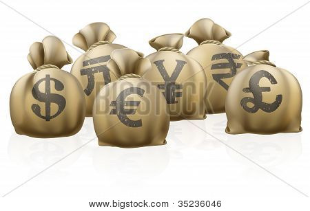 Picture or Photo of Lots of sacks with different currency signs foreign currency exchange sacks