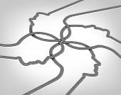 foto of merge  - Network team business concept with a group of merging roads and highways shaped as a human head converging and coming together connected as a community partnership tat are crossing paths - JPG 