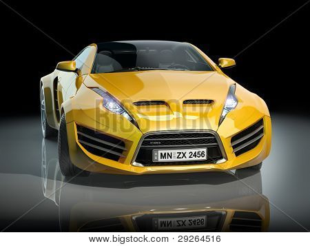 Picture or Photo of Yellow sports car on a black background. Non-branded car design.