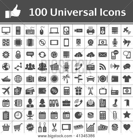 Picture or Photo of 100 Universal Icons. Simplus series. Each icon is a single object (compound path)