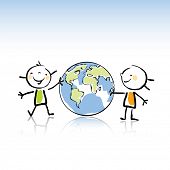 stock photo of globe  - two happy kids holding the globe vector illustration - JPG 