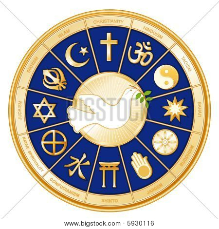 Picture or Photo of Dove of Peace surrounded with symbols of 12 world religions in  royal blue & gold medallion: Judaism, Sikhism, Islam, Christianity, Hinduism, Taoism, Baha