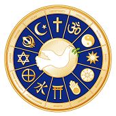 picture of religion  - Dove of Peace surrounded with symbols of 12 world religions in  royal blue  - JPG 