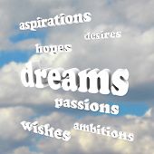 picture of aspiration  - Several words around the word Dreams representing our goals in life - JPG 