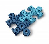stock photo of puzzle  - Jigsaw puzzle connections business concept building a working network partnership for communication between two groups of teams as three dimensional gears and cogs shaped as pieces from puzzles connected together - JPG 