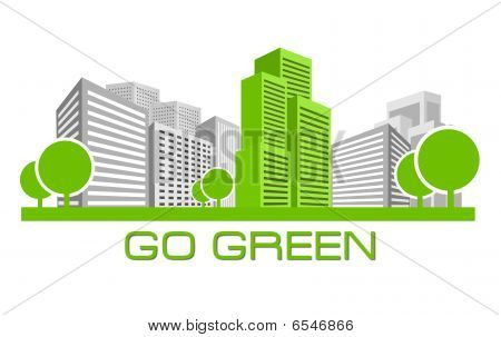 Picture or Photo of Single green building shines among many grey buildings
