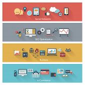 Set of modern concepts in flat design with long shadows and trendy colors for web, mobile applications, seo optimizations, business, social networks, e-commerce etc. Vector eps10 illustration