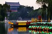 image of restaurant  - Houhai Lake Tourboats Reflections Drum Tower in Background Beijing China - JPG 