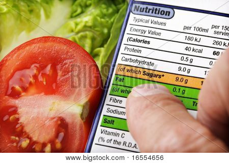 Picture or Photo of Reading a nutrition label on food packaging with fresh salad background