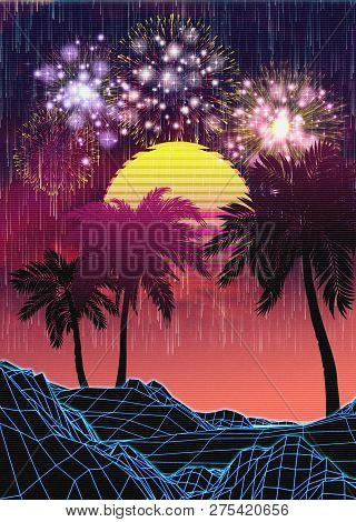 Poster: Vaporwave Landscape With Rocks And