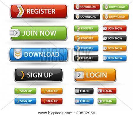 Picture or Photo of Glossy buttons pack - download, register, join now, join now, login. Include color - red, blue, orange, green, black.