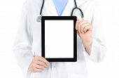 picture of medical doctors  - Doctor in white coat with stethoscope showing blank digital tablet pc - JPG 
