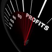 pic of profits  - A speedometer rises representing increasing sales with needle pointing to word Profits - JPG 