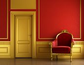 pic of interior  - interior design of stylish classic room in red and golden colors with velvet armchair and copy space - JPG 