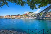 picture of bridge  - Oporto or Porto city skyline Douro river and Dom Luis or Luiz iron bridge - JPG 