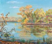 pic of reflexion  - River coast yellow trees reflexion in water - JPG 