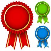 foto of competition  - Blank award ribbon rosettes in three colors isolated on white - JPG 
