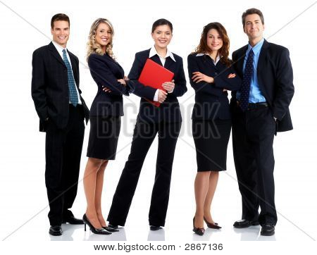 Picture or Photo of Young smiling business people. Isolated over white background