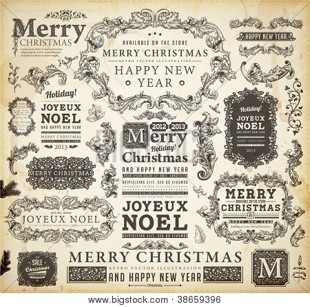 Picture or Photo of Christmas decoration collection | Set of calligraphic and typographic elements, frames, vintage labels, ribbons, borders, holly berries, fir-tree branches and balls. All for holiday invitation design.