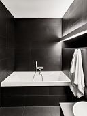 stock photo of interior  - Modern minimalism style bathroom interior in black and white tones - JPG 