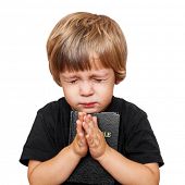 image of boy  - Little boy praying with the Bible in hand - JPG 