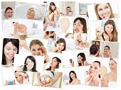 image of young adult  - Collage of cute women doing their make up in the bathroom - JPG 