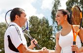 picture of handshake  - Couple handshaking at the tennis court after a match - JPG 