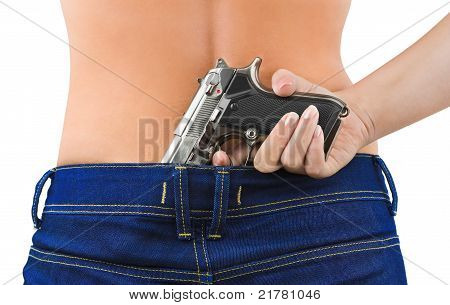 Poster: Woman In Jeans And Gun