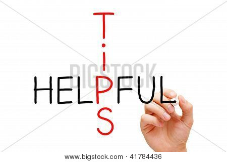 Picture or Photo of Hand writing Helpful Tips with black marker on transparent wipe board.
