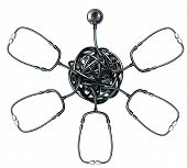 image of teamwork  - Health Care partnership and medical teamwork to find the cure to disease and manage hospital matters with a group of five doctor stethoscopes converging together in a tangled ball as one strong leader on white - JPG 