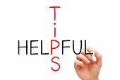 picture of hand  - Hand writing Helpful Tips with black marker on transparent wipe board - JPG 