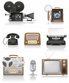 pic of art  - vintage and old art equipment set icons video photo phone recording tv radio writing vector illustration isolated on white background - JPG 