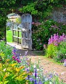 stock photo of gate  - Very old english garden gate leading into flower garden.
** Note: Slight graininess, best at smaller sizes - JPG 